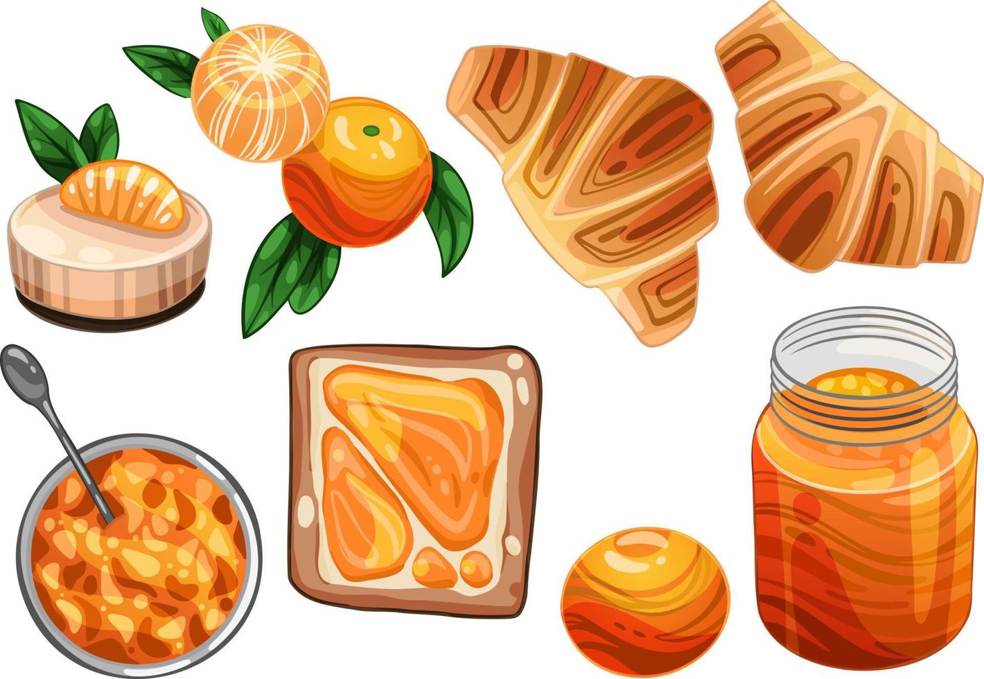 Tangerine in different angles. Mandarin jam, toast with tangerine marmalade. A jar of marmalade. Drawn in a group and in a section, vector illustration