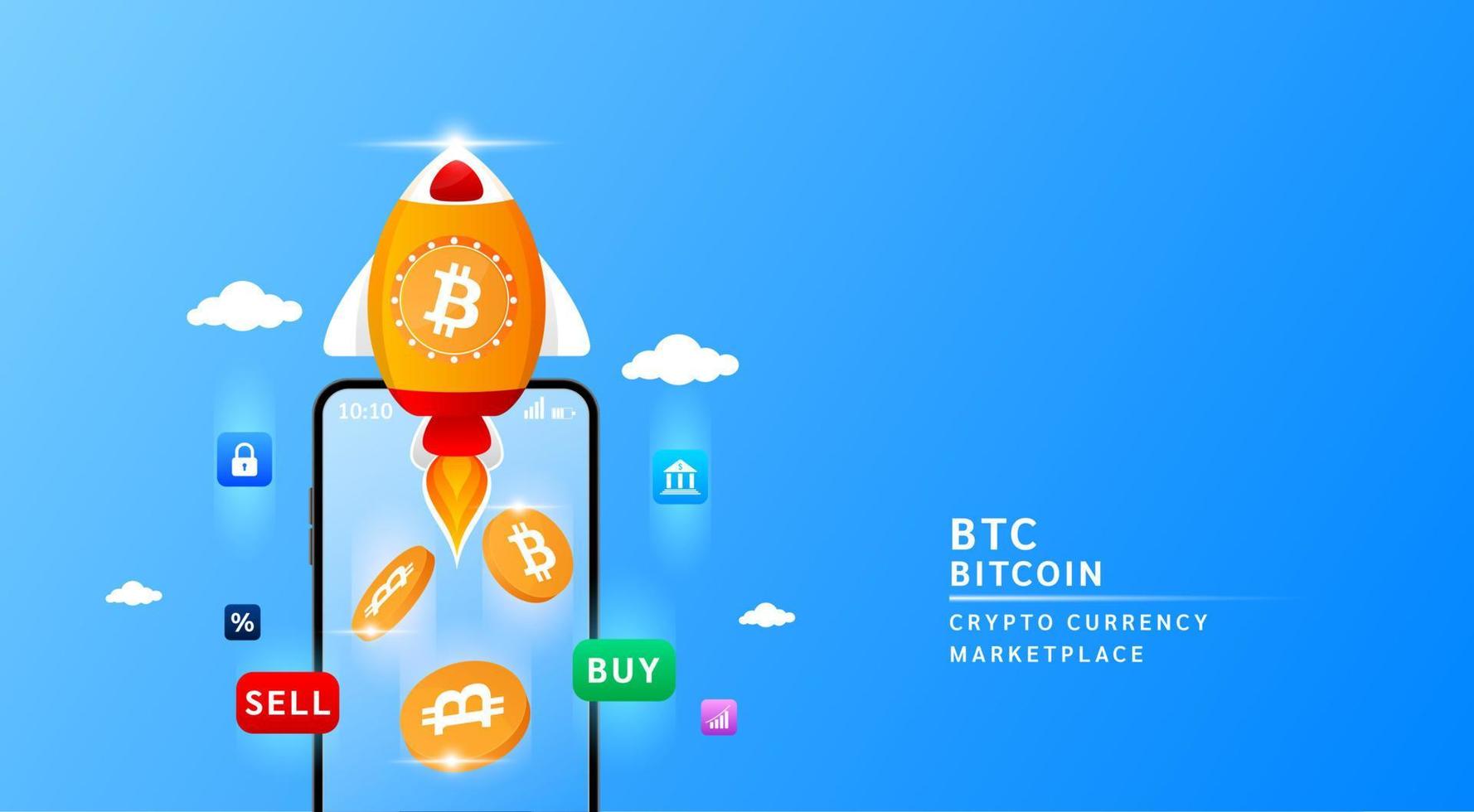 Bitcoin with spaceship flying leave smartphone to the sky. App for trading crypto currency in stock market. Mobile banking cryptocurrency wallet. 3d Vector illustration.