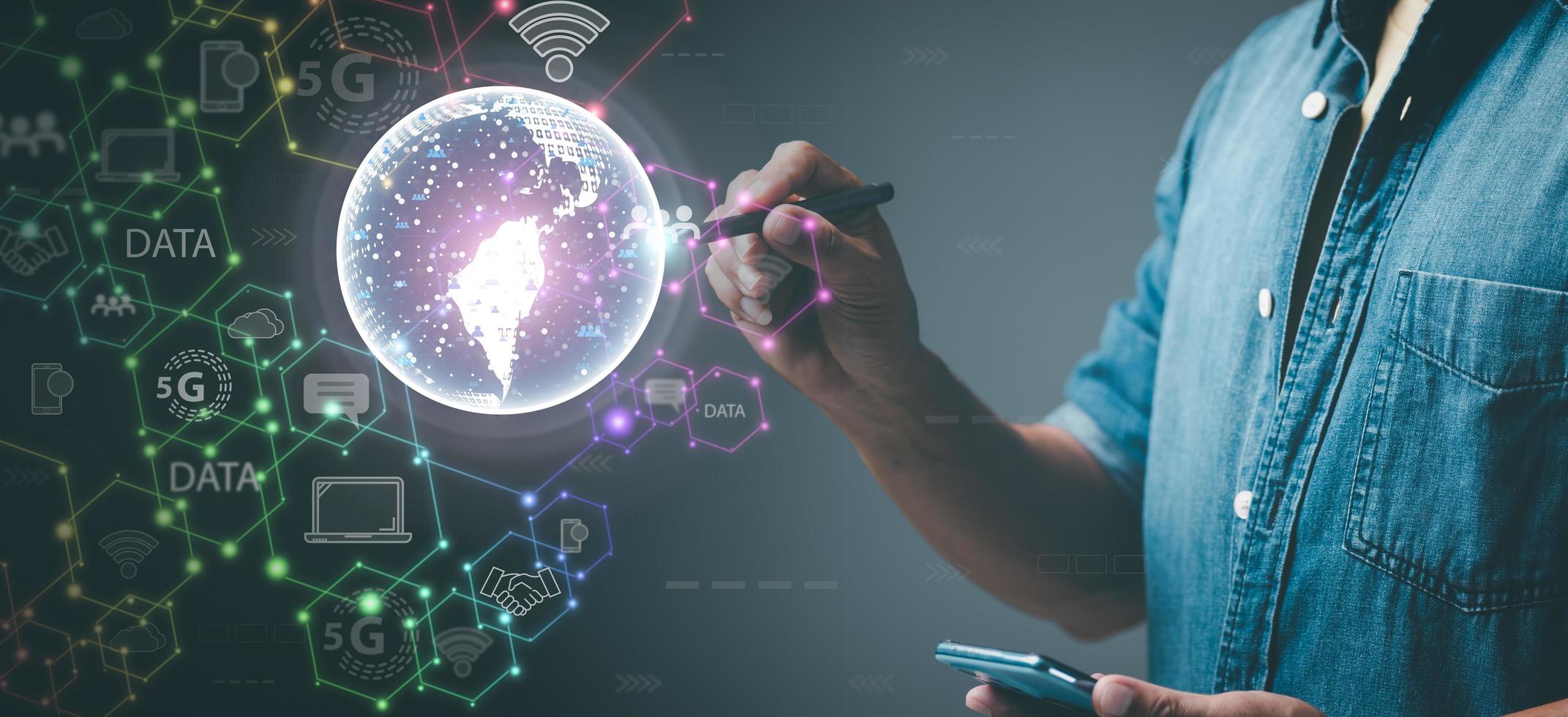 Connect to global network of business and communication technologies via Internet around the world.Business people show big social data and modern teamwork.international business network worldwide photo