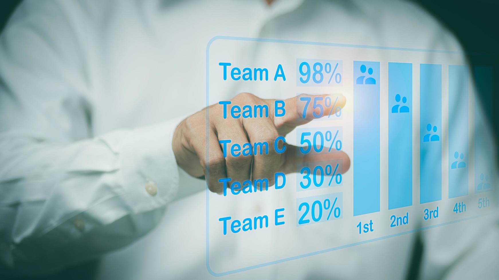 Young businessman analyzing the company's teamwork graph, The concept of effective organizational personnel management, effective cooperation, structured mutual success. photo