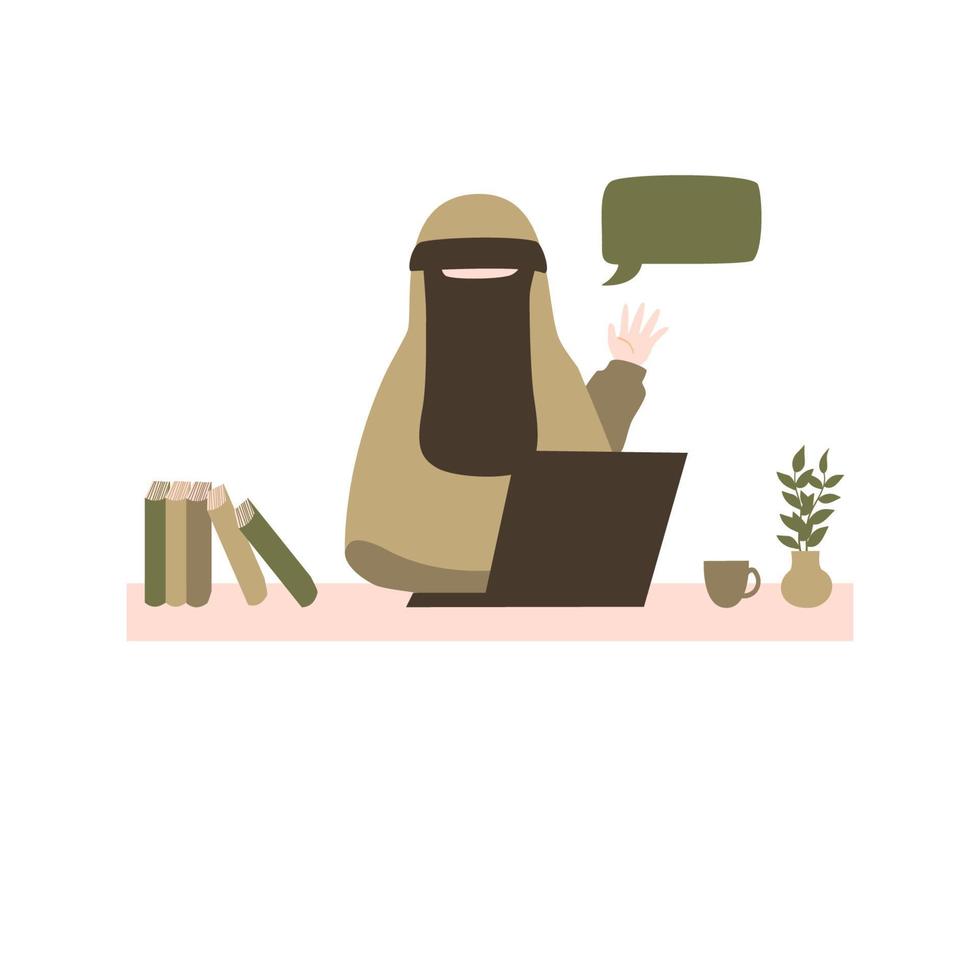 Muslimah study and work on laptop vector