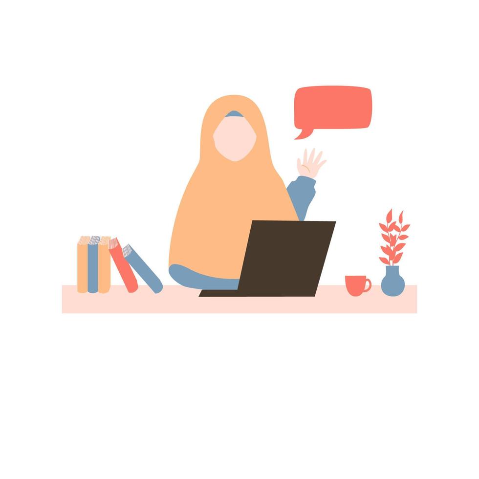 Muslim woman work on laptop vector