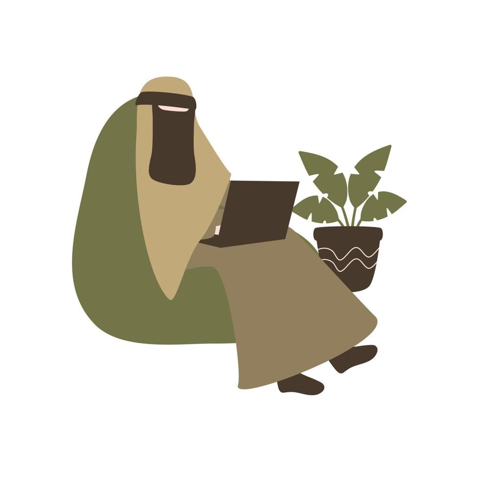 muslimah estudia y trabaja en una laptop vector