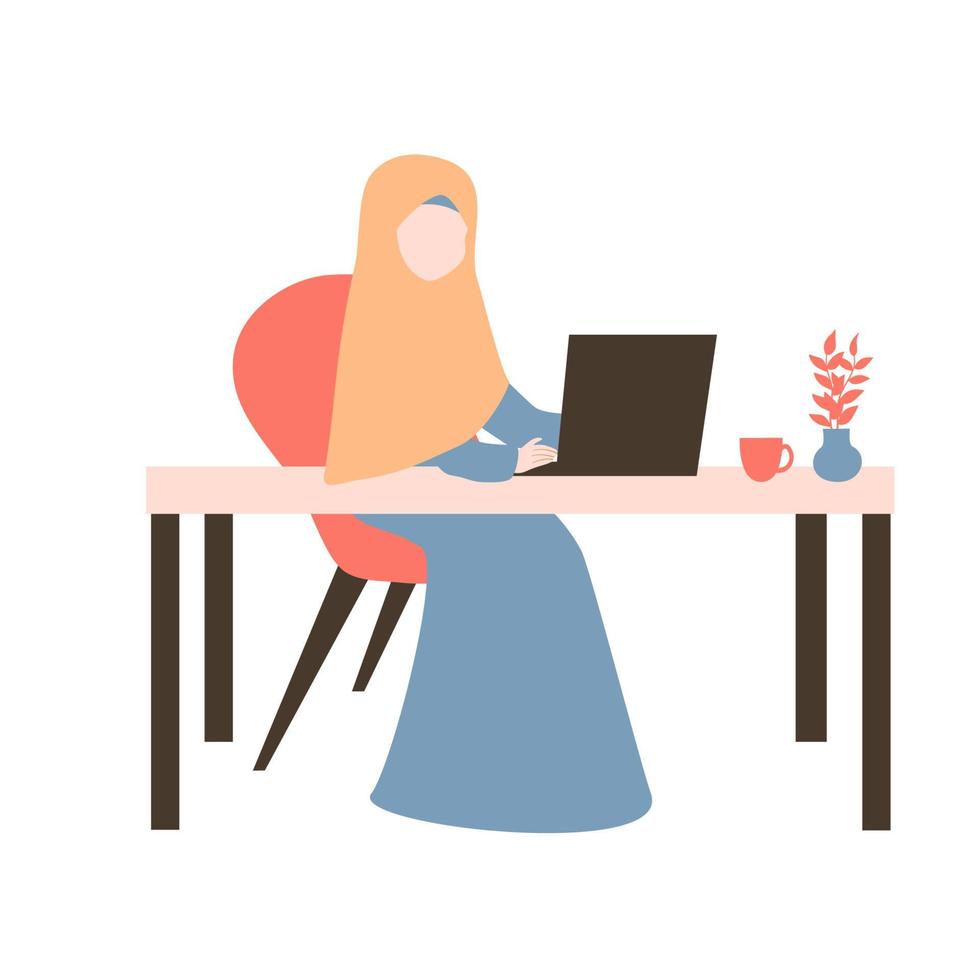 Muslim woman work on laptop vector