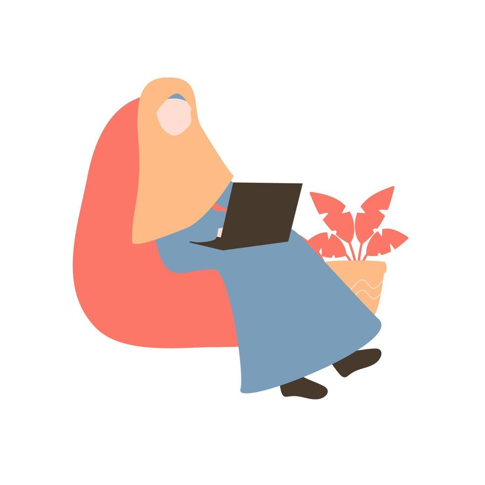 Muslim woman work on laptop vector