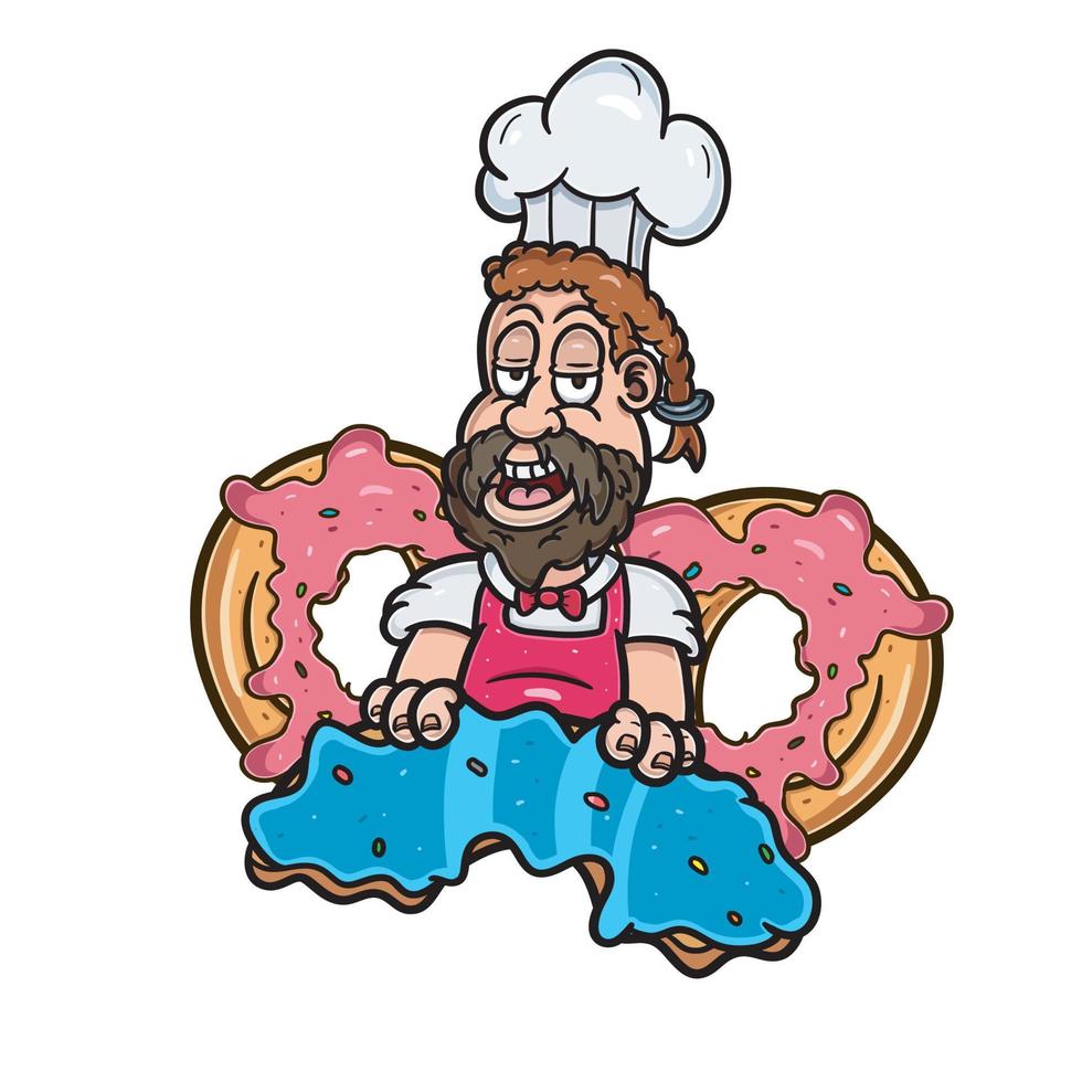 Cartoon Mascot of Bearded Boy With Douhgnut. Good for Food Business. vector