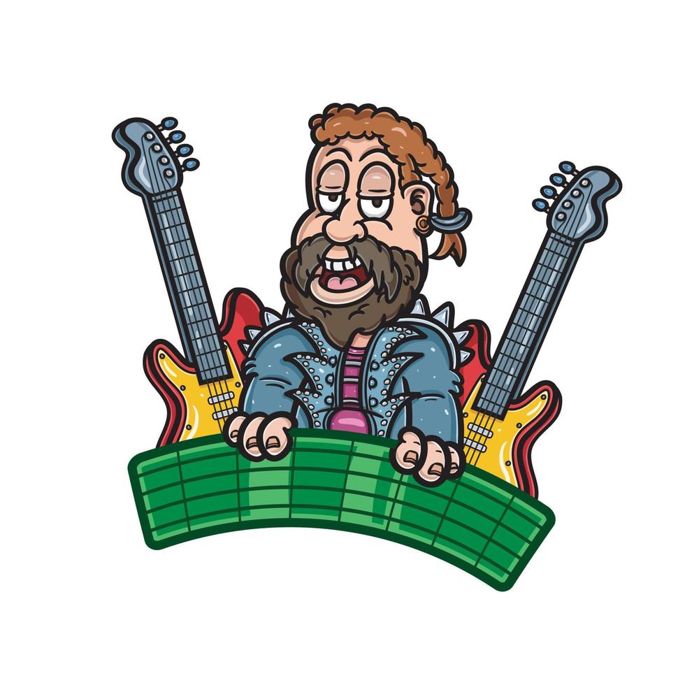 Cartoon Mascot of Bearded Boy with Guitar. Good For Guitar Business. vector