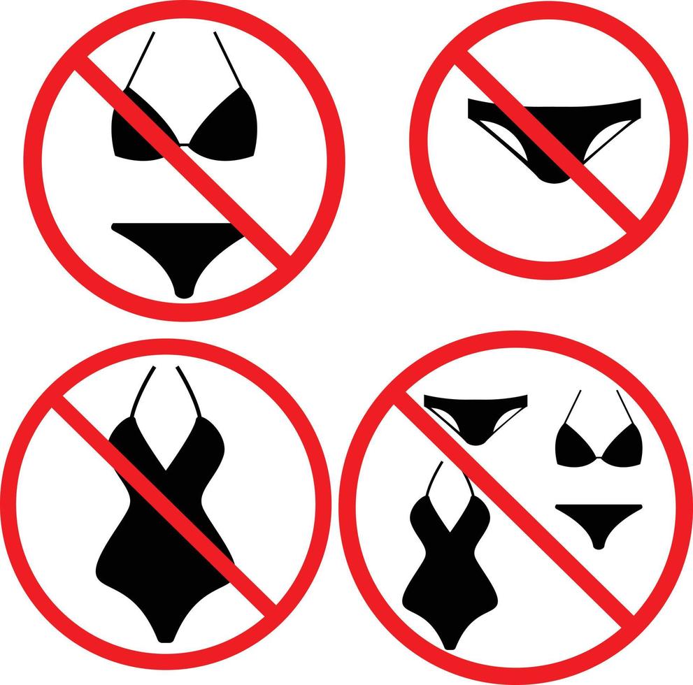 no hay icono de ropa de baño sobre fondo blanco. conjunto de verano de playa nudista. señal prohibida con señal de bikini. estilo plano vector