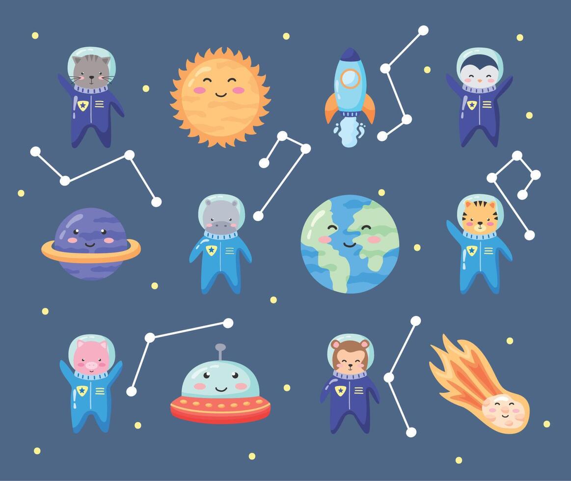 twelve space animals icons vector