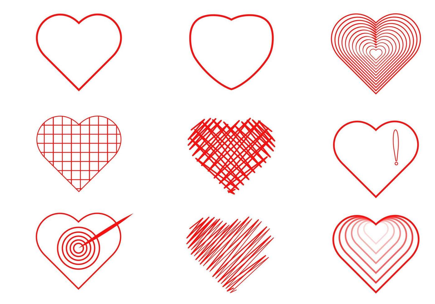 Set icon heart inline style with white background There are different shapes. It is a vector illustration.