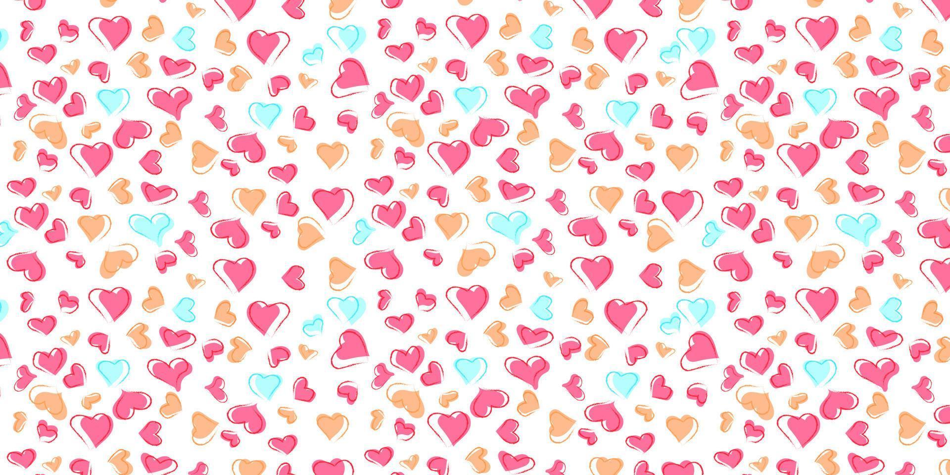 Hand drawn heart vector abstract pattern with various shapes in three colors of red-orange and blue arranged on a blue background.