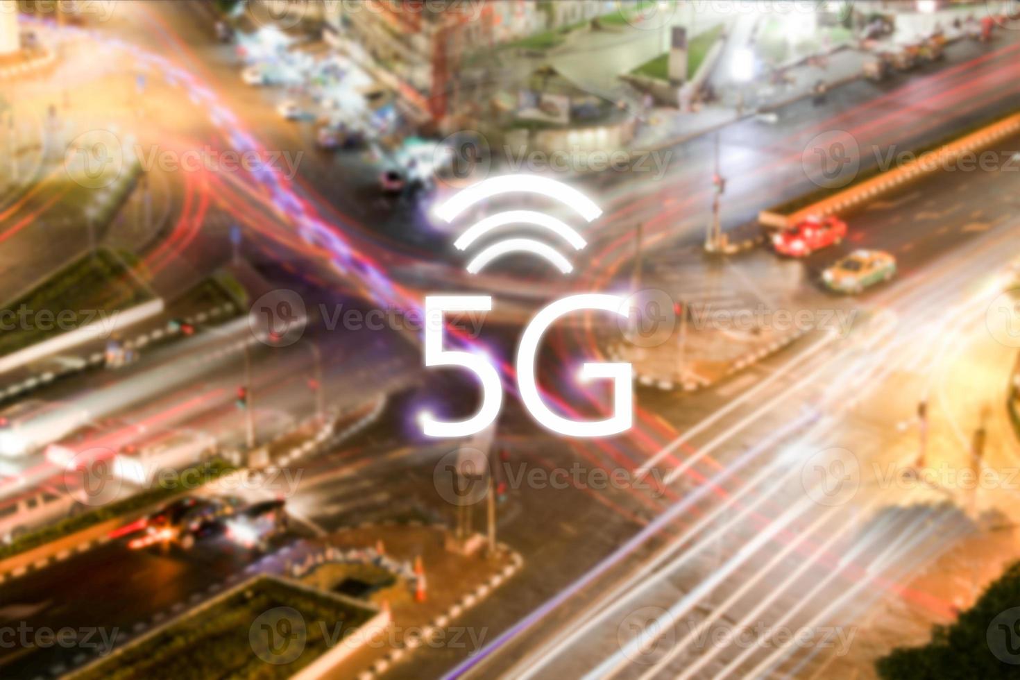 Network connection 5g wireless and icon on city at the night time background.  Modern technology concept photo