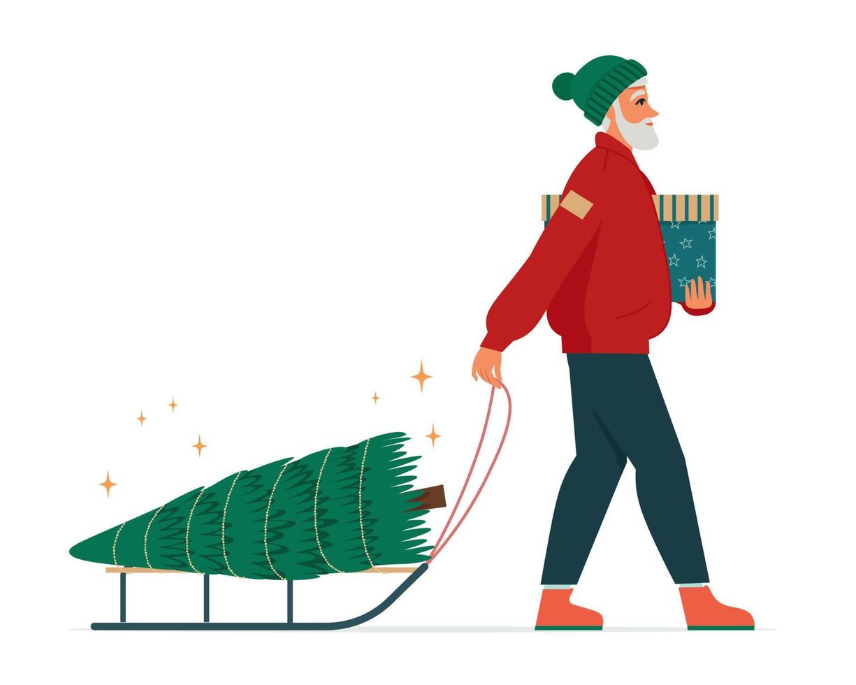 An older man dressed in warm clothing, carries a Christmas tree on a sleigh and holding gift box. Christmas, winter seasonal card. Vector flat illustration