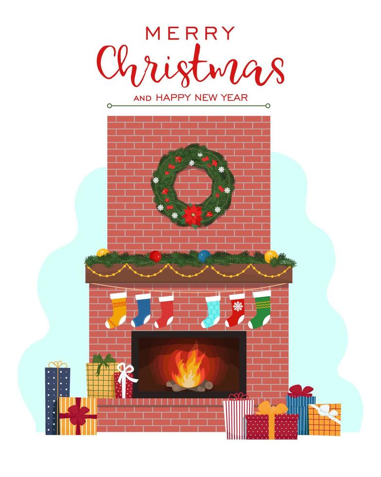 chimenea navideña con cajas de regalo. feliz navidad y feliz año nuevo tarjeta de felicitación. ilustración vectorial en estilo plano vector