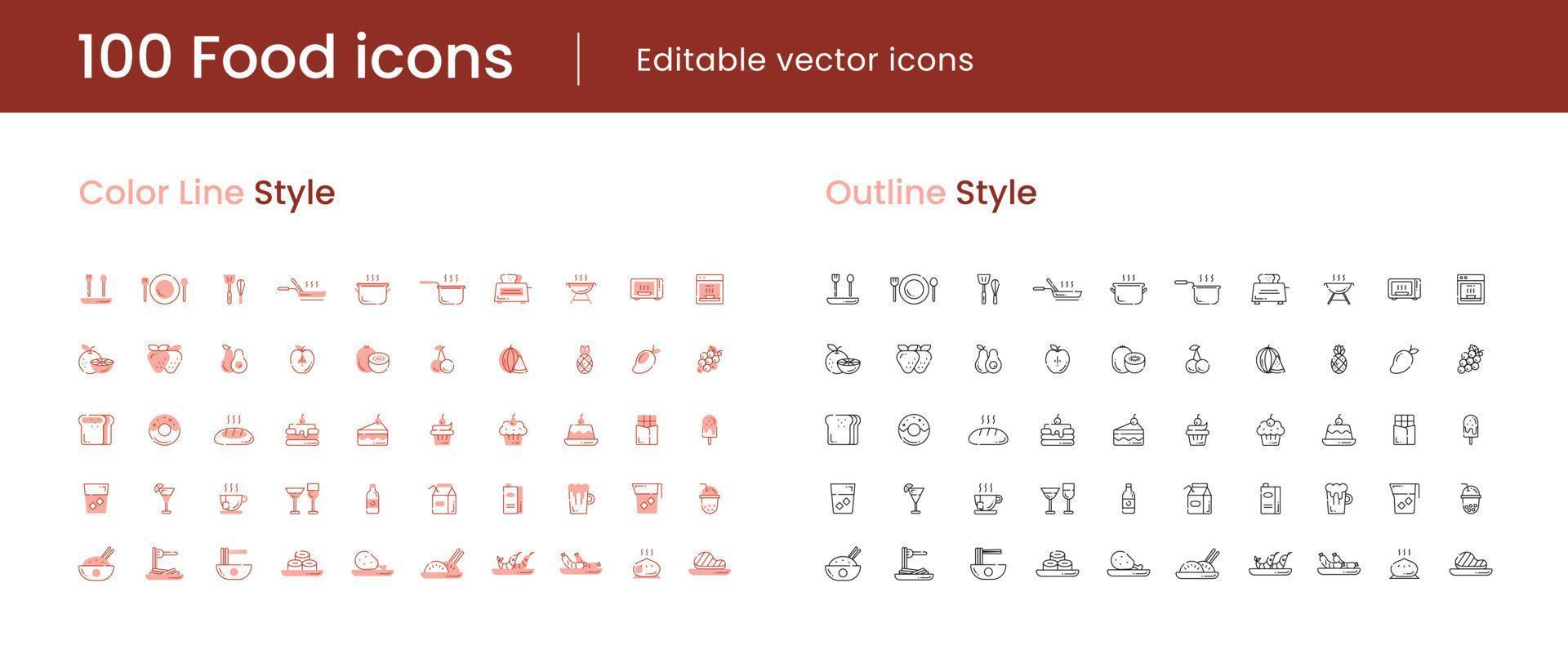 100 Food icons set vector