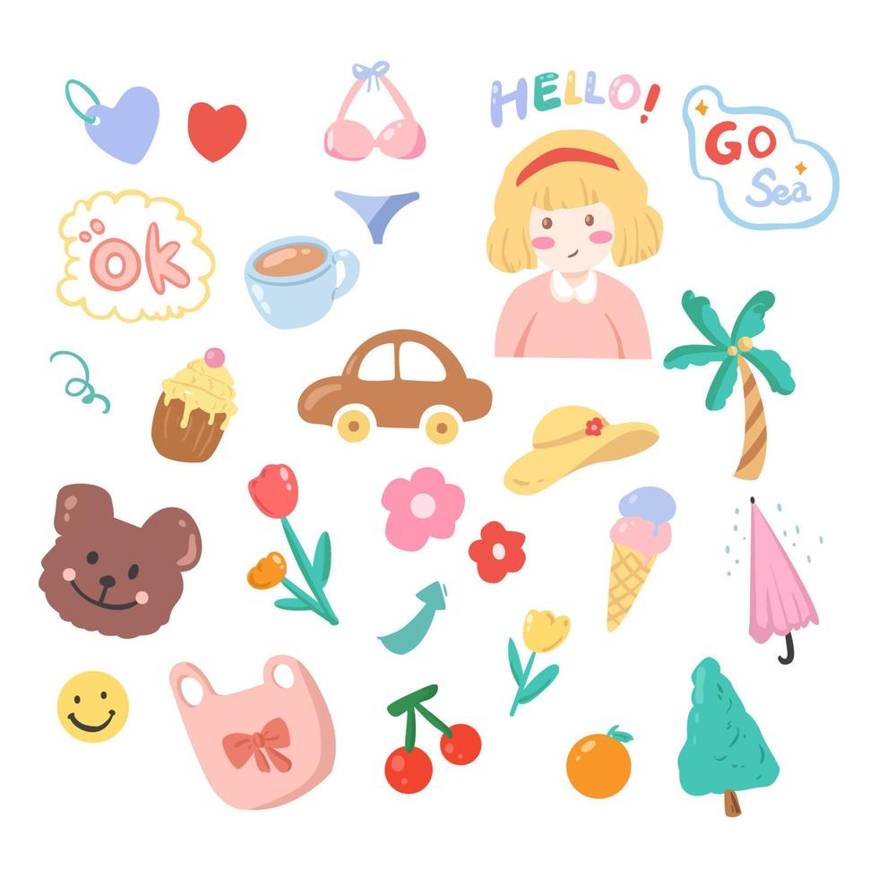 Cute Hand Painted Summer Stickers Illustration Elements vector