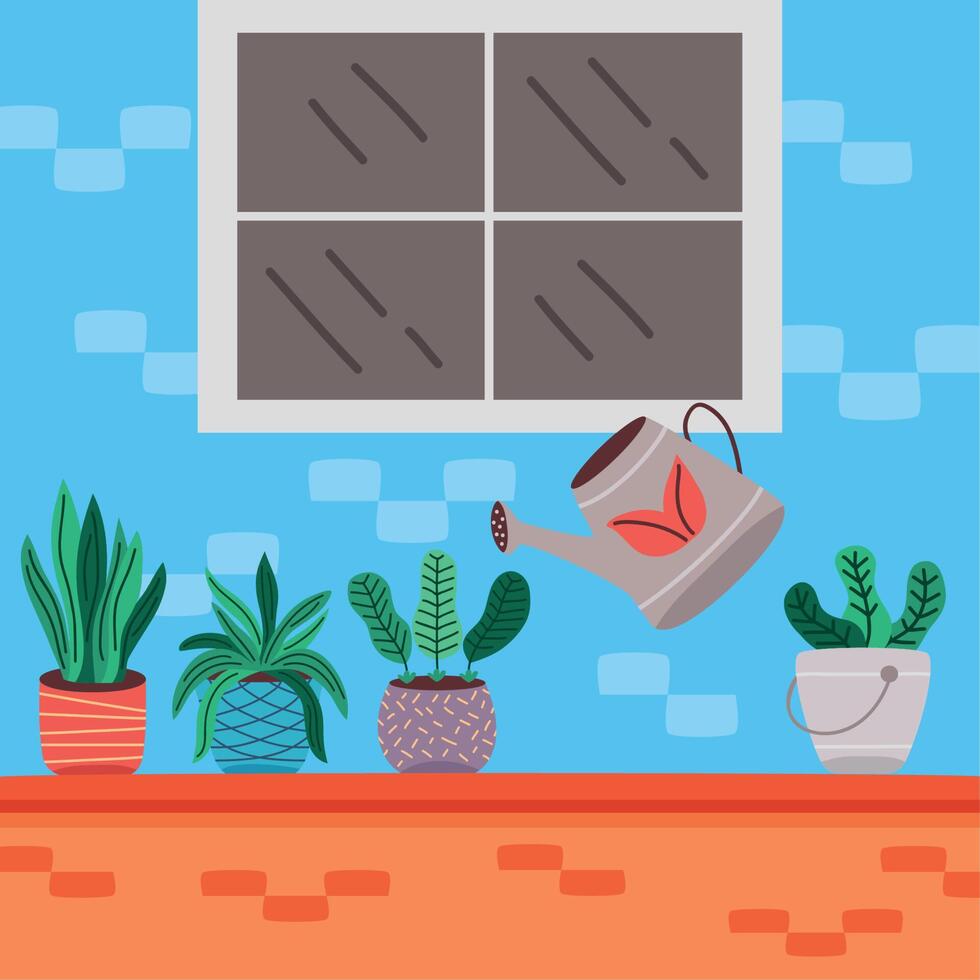 plants and watering can vector