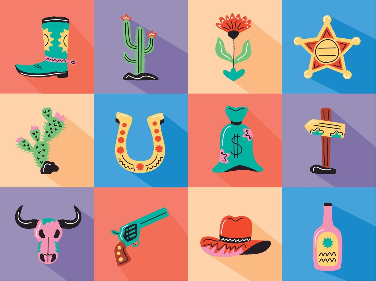 twelve wild west doodle icons vector