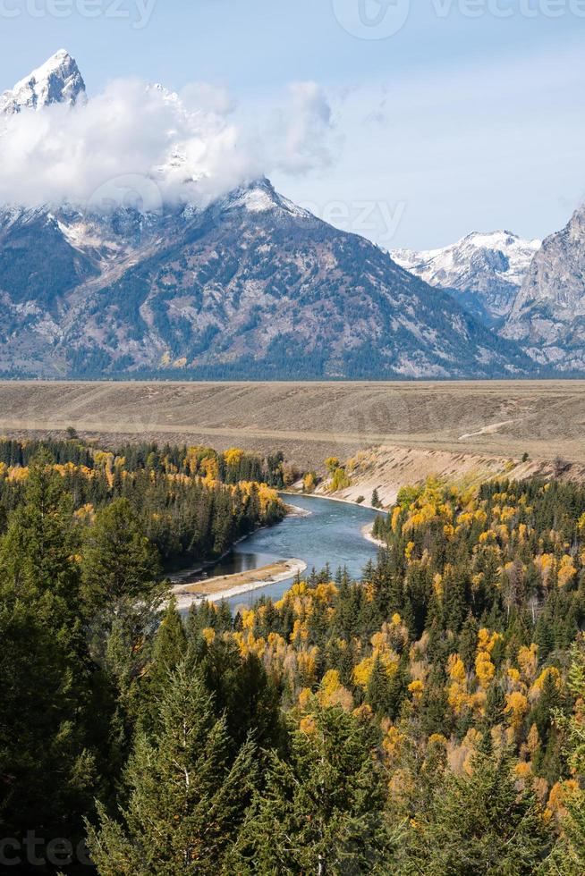 View of the Grand Teton mountain range from the Snake River Overlook photo