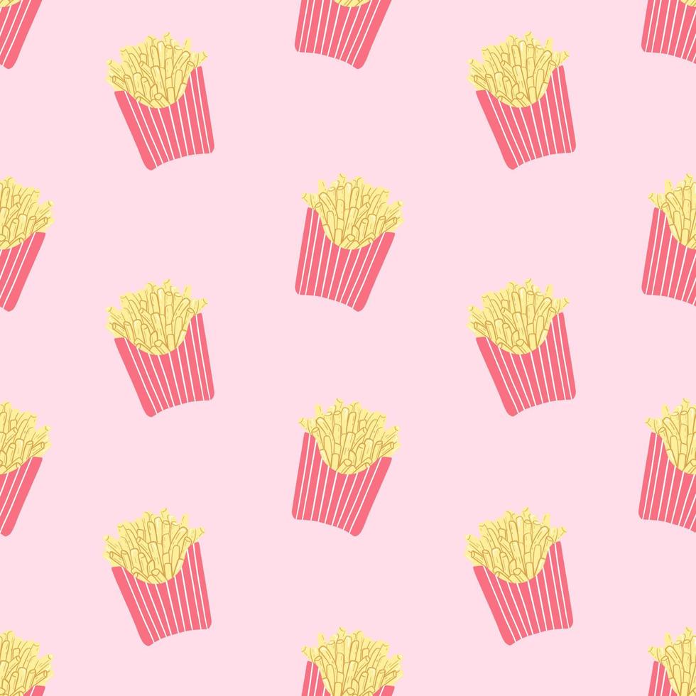 Seamless pattern with french fries on a pink background. Potato in paper box. Vector illustration of fast food. Doodle style