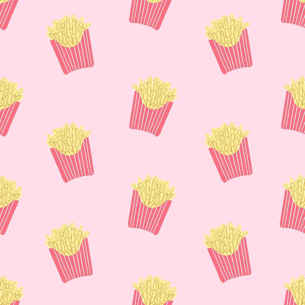 Seamless pattern with french fries on a pink background. Potato in paper box. Vector illustration of fast food. Doodle style