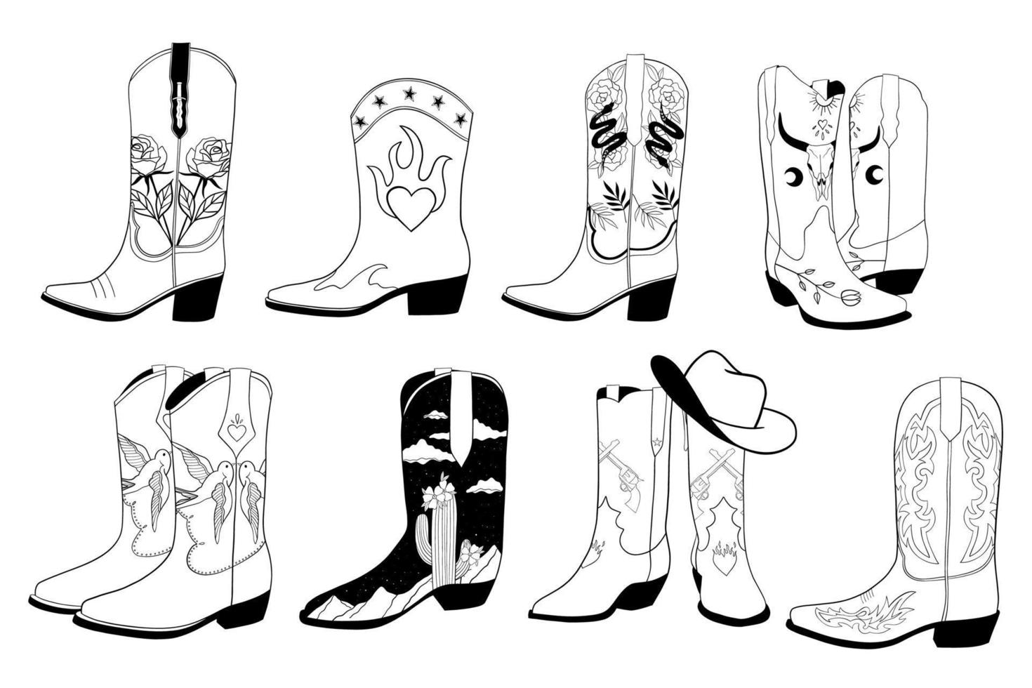 Set of cowboy boots with different ornaments. Wild West fashion style. Cartoon flat illustrations. Hand drawn vector set