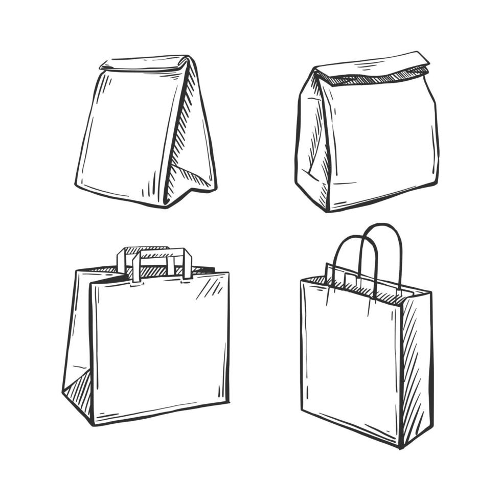 varios bocetos de bolsas de entrega en un fondo blanco aislado. bolsa de papel para la compra de comestibles. paquete de almuerzo. ilustración vectorial dibujada a mano. vector