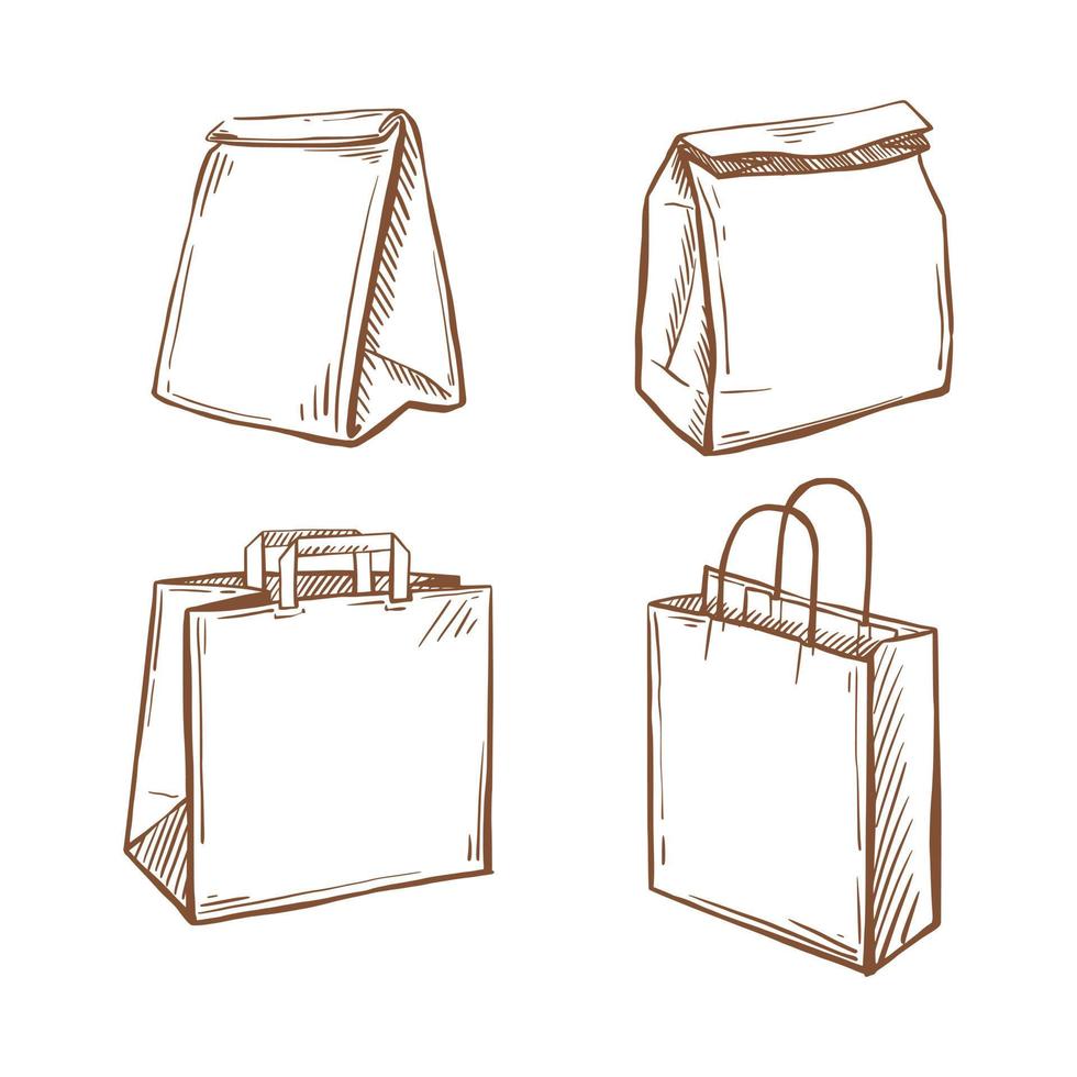 varios bocetos de bolsas de entrega en un fondo blanco aislado. bolsa de papel marrón para ir de compras. paquete de almuerzo. ilustración vectorial dibujada a mano vector