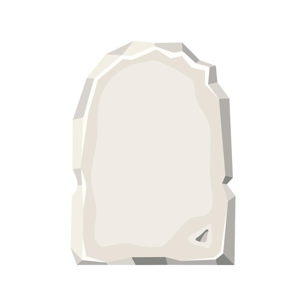 Rectangle stone tablet. Tombstone. Gray frame, block boulder for interface ui games. Rock banner with cracked elements. Vector cartoon illustration isolated on white background.