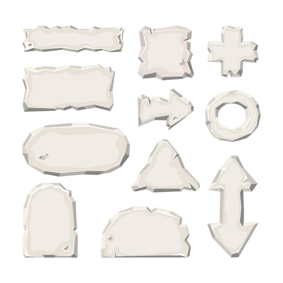 Stone sign board set, UI rock button collection isolated on white background. Rectangle, round tablet. Gray cracked oval boulder panel, arrow, plus. Interface stone button, mobile app element. vector