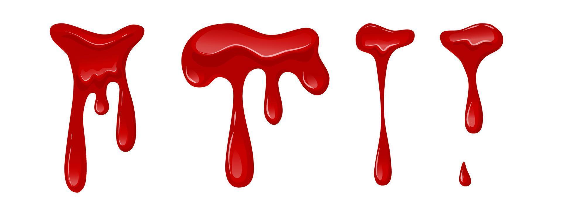 Flowing blood set on a white isolated background. Dripping liquid. Red slime. Vector cartoon illustration.