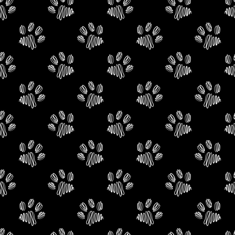 Animal paw print seamless black and white pattern. Vector hand-drawn background.