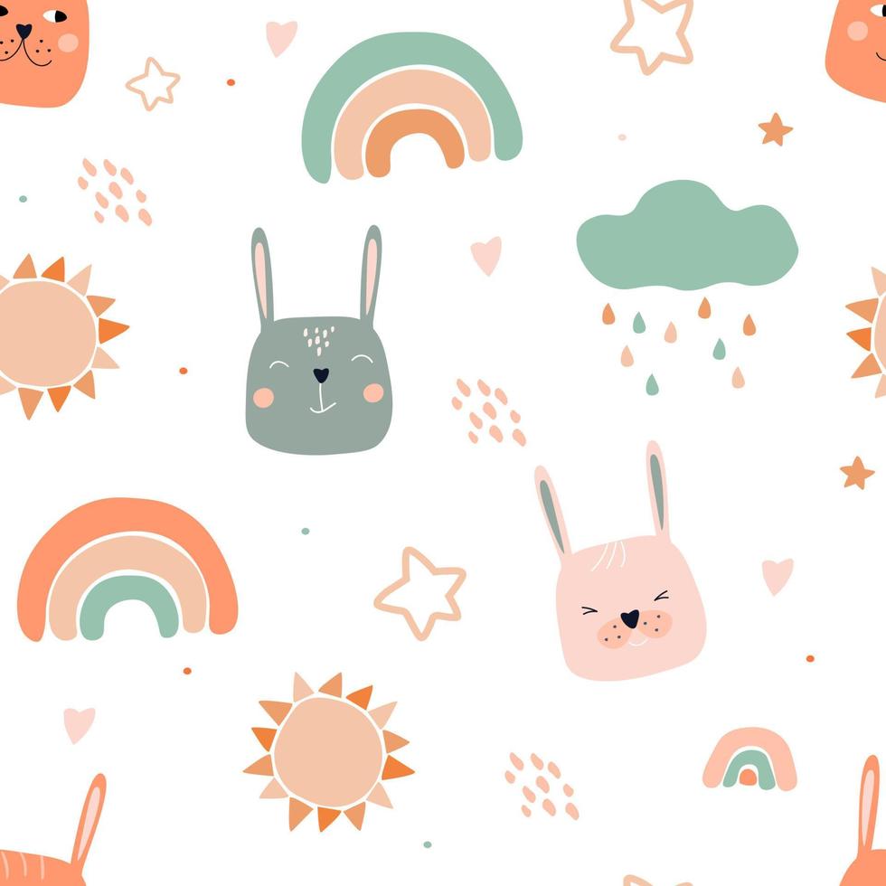 Seamless pattern with funny bunny faces. Cute summer print with baby rabbits, rainbows, clouds, raindrops. Vector graphics.