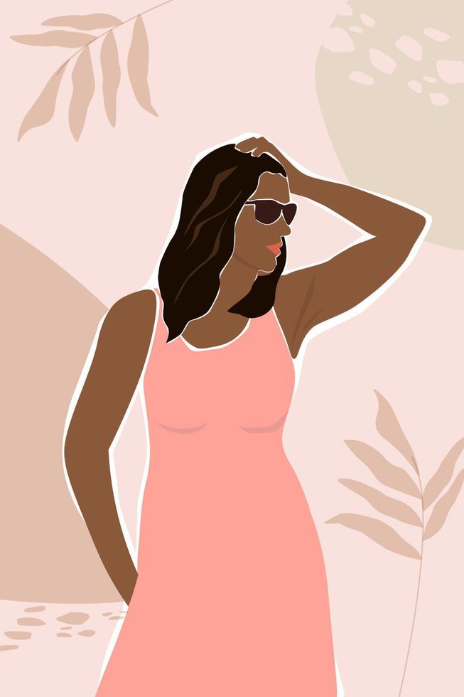 Portrait of an abstract contemporary woman in glasses with a beautiful figure in a summer dress. Female in profile. Vector graphics.