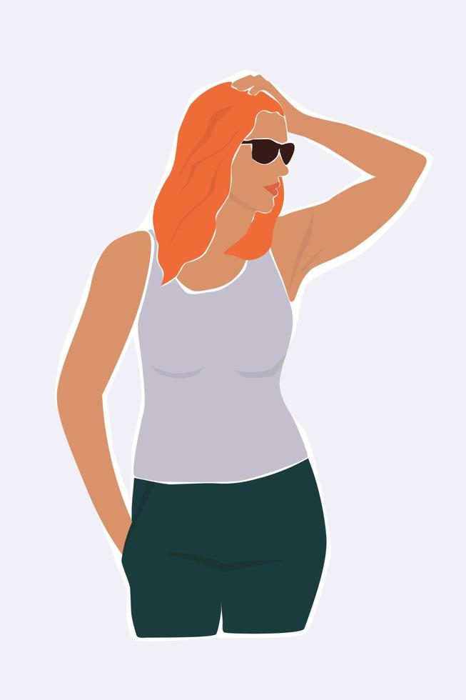 Portrait of an abstract contemporary woman in glasses with a beautiful athletic figure. Female in profile in summer. Vector graphics.