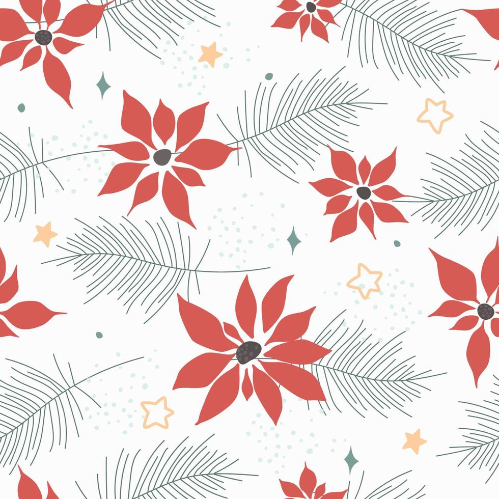 Seamless pattern with Christmas poinsettia flower. Winter New Year's print with snowflakes, spruce branches. Vector graphics.