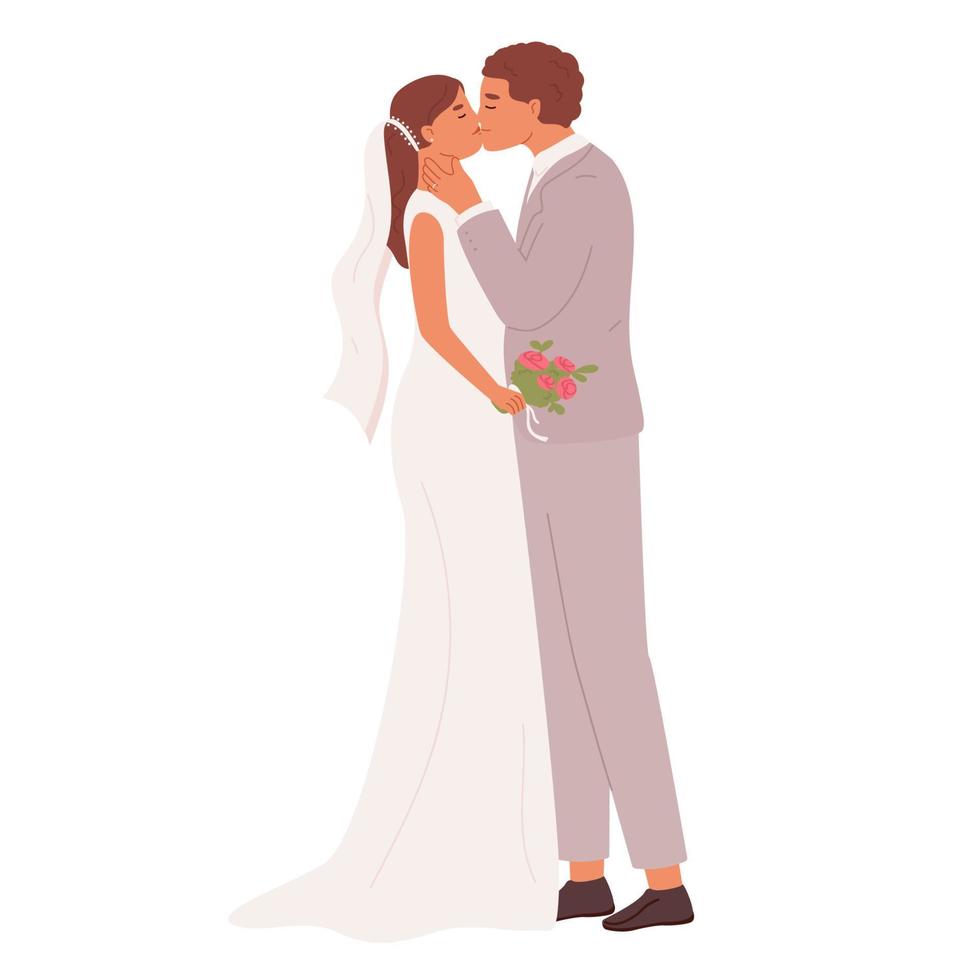 novio besando a la novia. recién casados felices en el día de la boda. matrimonio joven pareja de hombre y mujer. vector