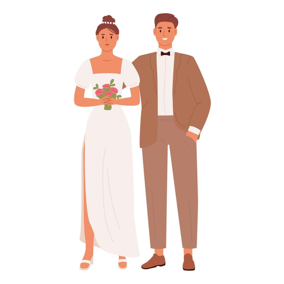 Man and woman in festive clothes with flowers and rings. Wedding, marriage day. Bride and grooms vector