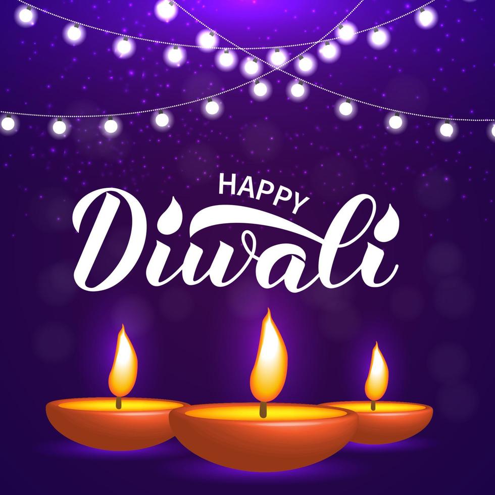 letras de mano de caligrafía feliz diwali con velas diya encendidas. cartel de tipografía tradicional del festival indio de luces. plantilla vectorial para banner, volante, pegatina, postal, tarjeta de felicitación. vector