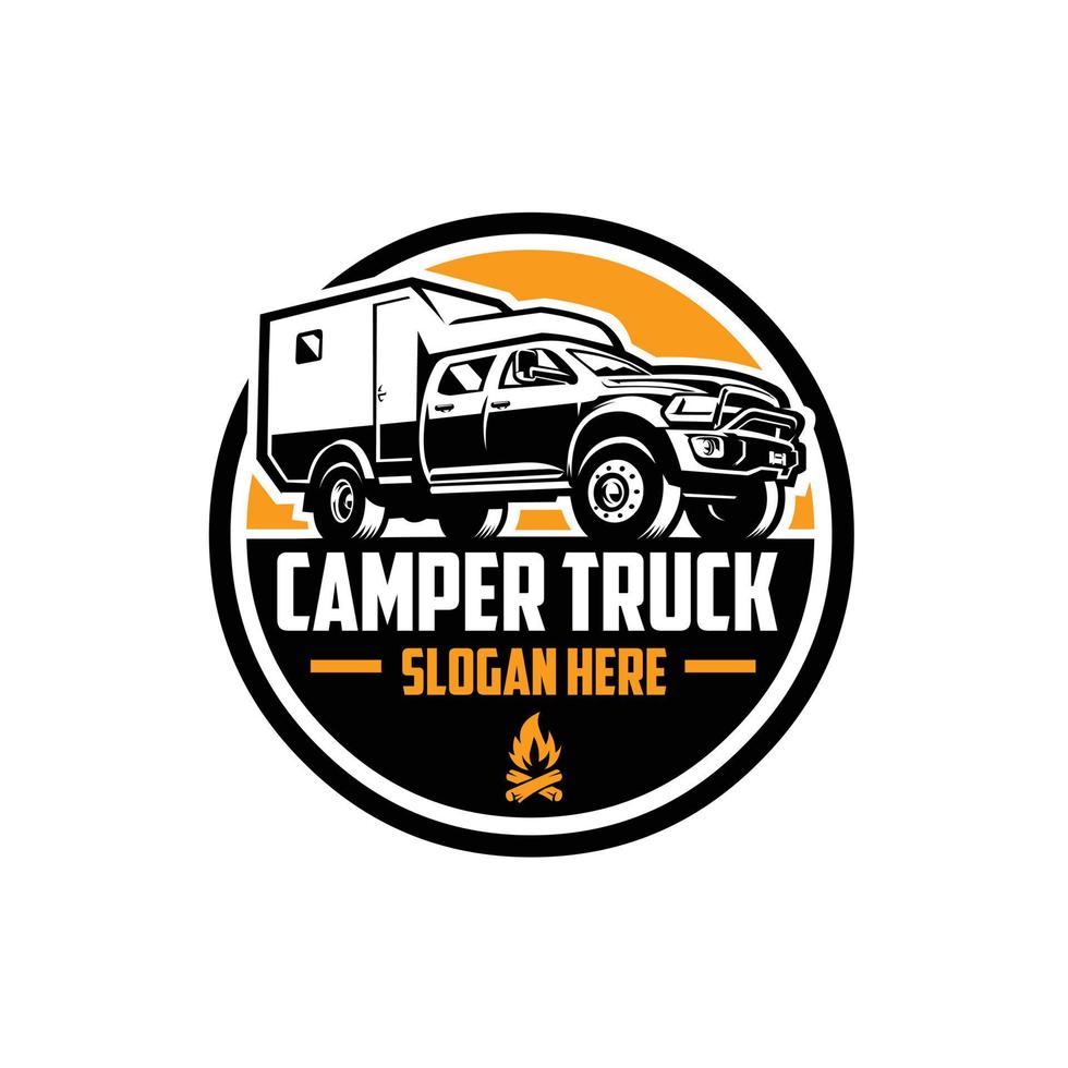 Ilustración del emblema del logotipo de la insignia del campista 4x4 de la camioneta camper terrestre premium vector