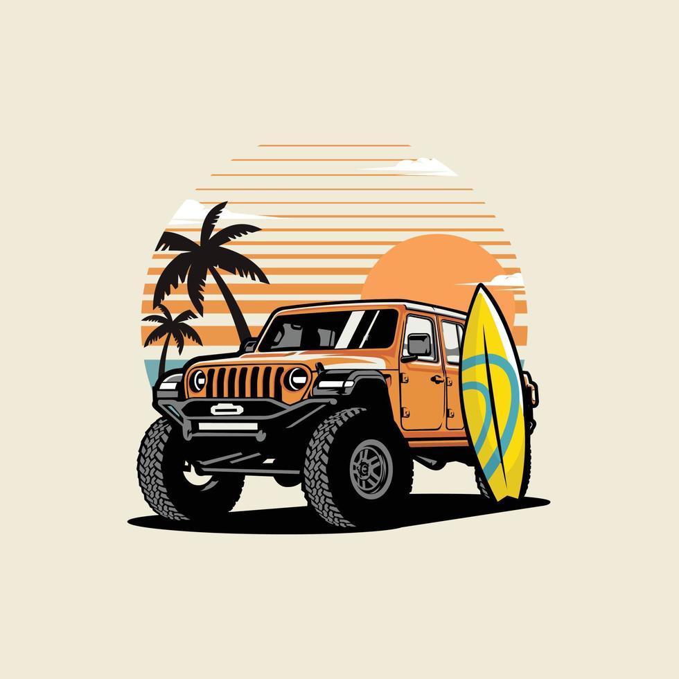 Adventure overland on the summer beach with surf board illustration vector image