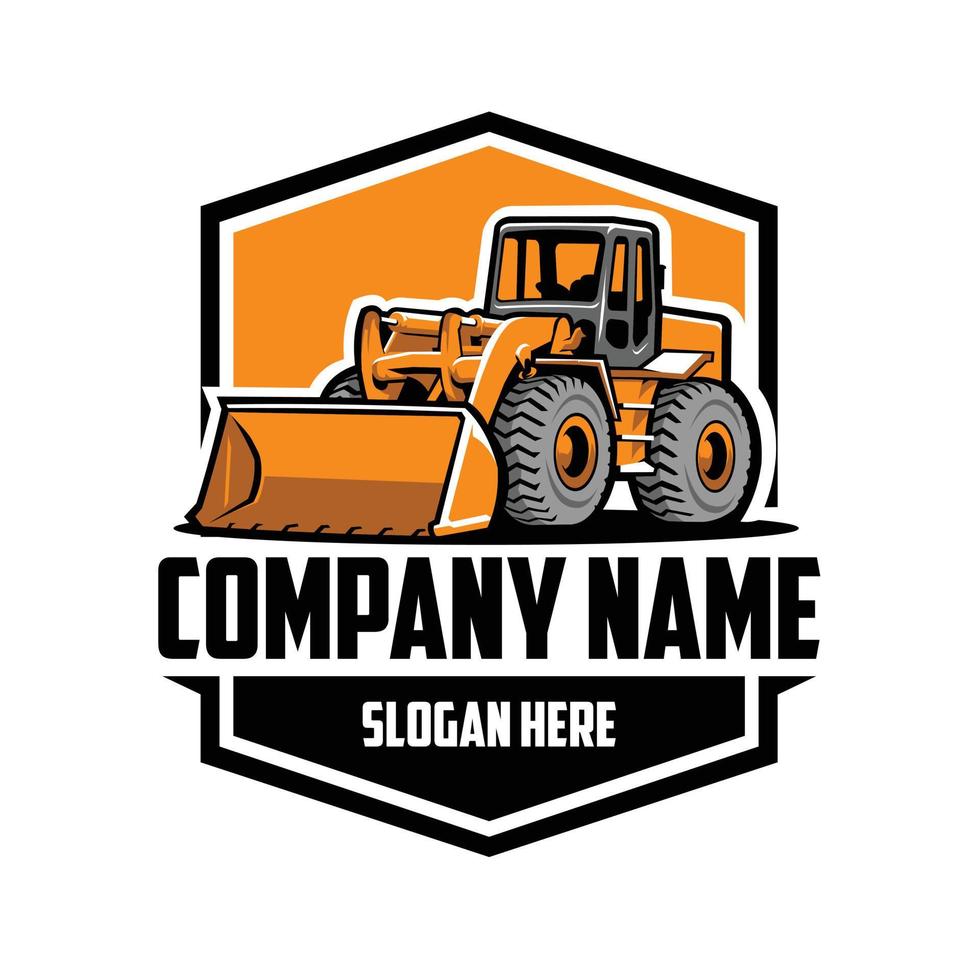 Premium Bulldozer excavating company logo. Emblem style concept vector isolated