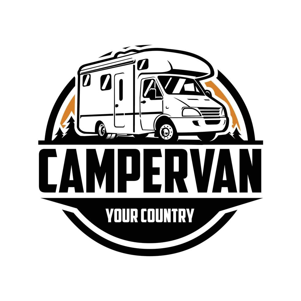 logotipo del emblema del círculo clásico de la autocaravana premium camper van rv motorhome. lo mejor para la industria relacionada con autocaravanas vector