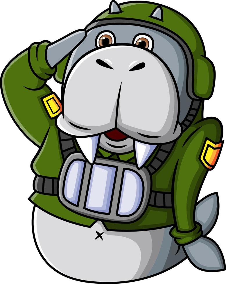 The strong army walrus is wearing the uniform and giving the respectful vector