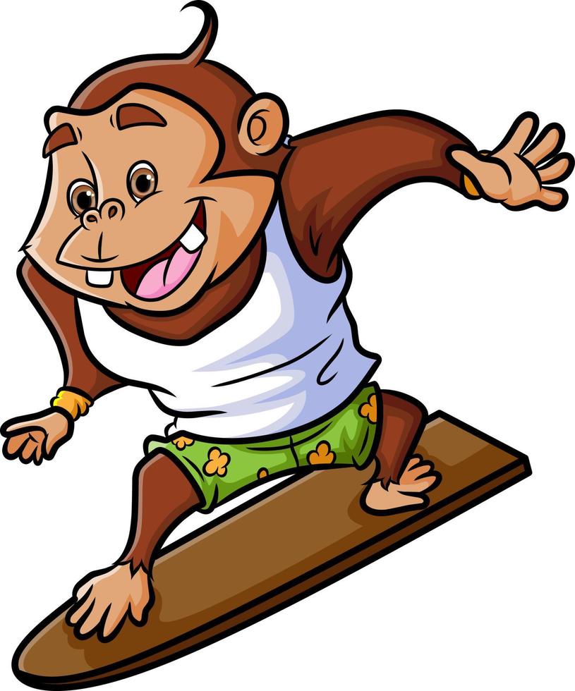 The happy chimpanzee is playing the surfing in the big wave vector