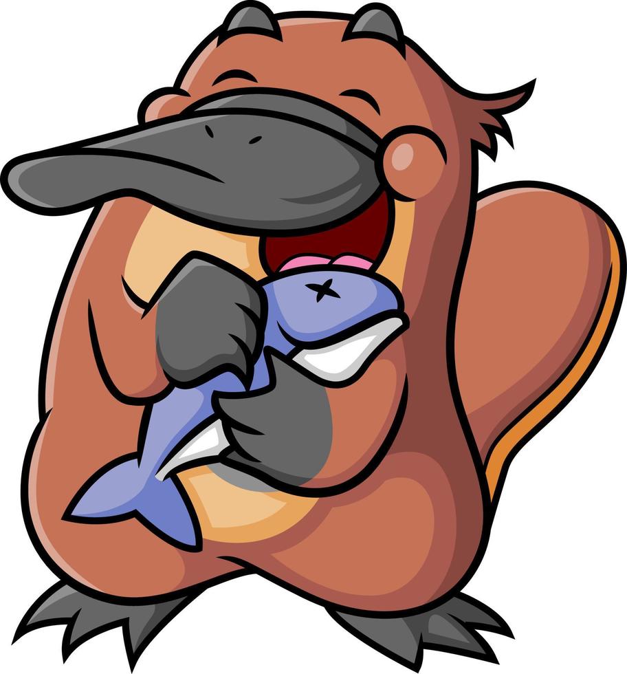 The happy platypus is holding the fish with the happy expression vector