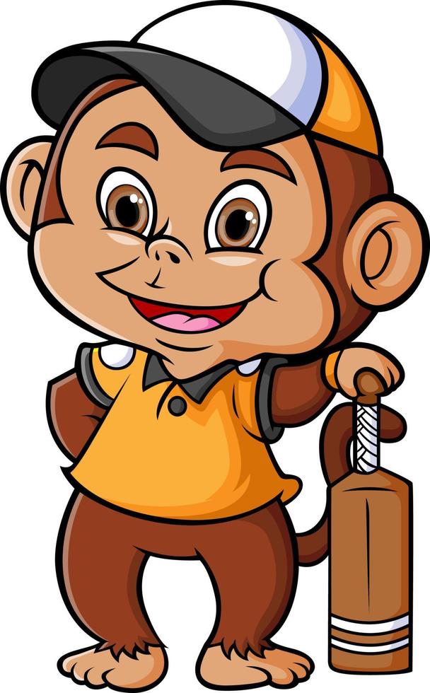 The baseball monkey player is holding the wooden bat vector