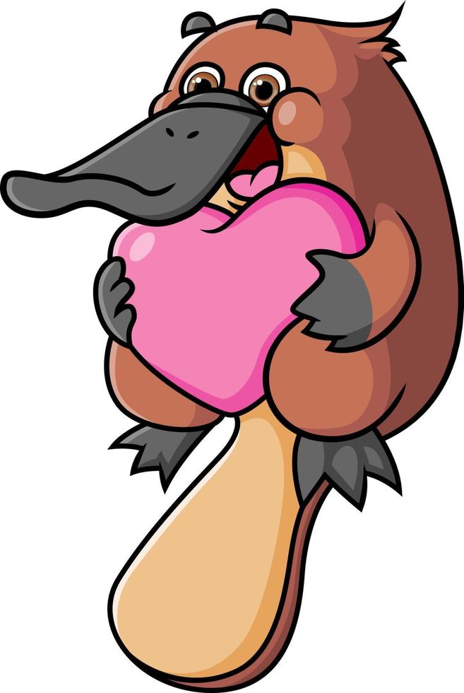 The cute platypus is holding the love pillow for valentine gift vector