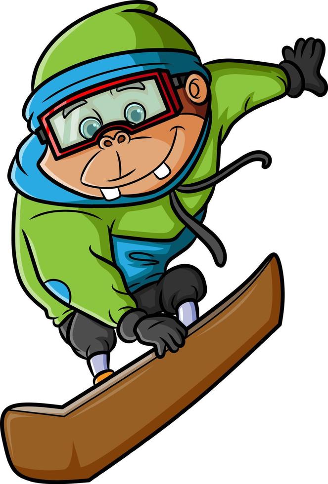 The chimpanzee is playing the ice boarding in the winter season vector