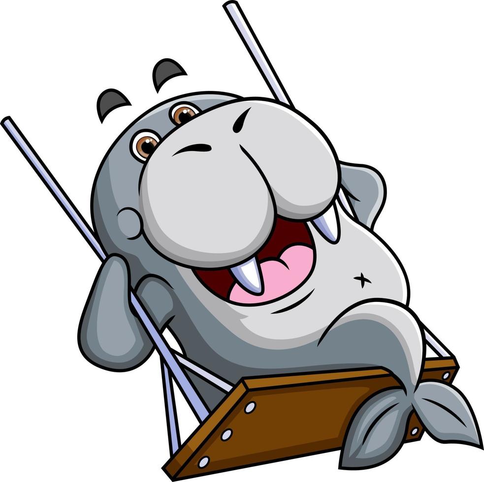 The happy walrus is playing and sitting on the swing with the happy expression vector